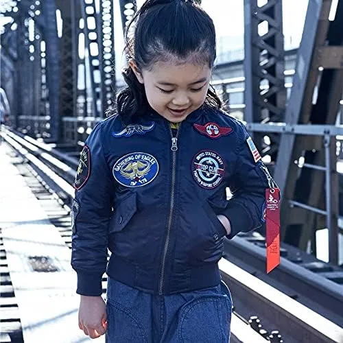Patch Embroidered Nylon MA-1 Baby Kids Bomber Flight Jacket Winter Padded Thick Coat for Boys Girls