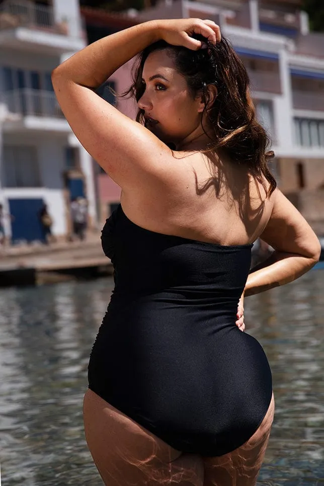 Plain Black Twist Front Bandeau One Piece