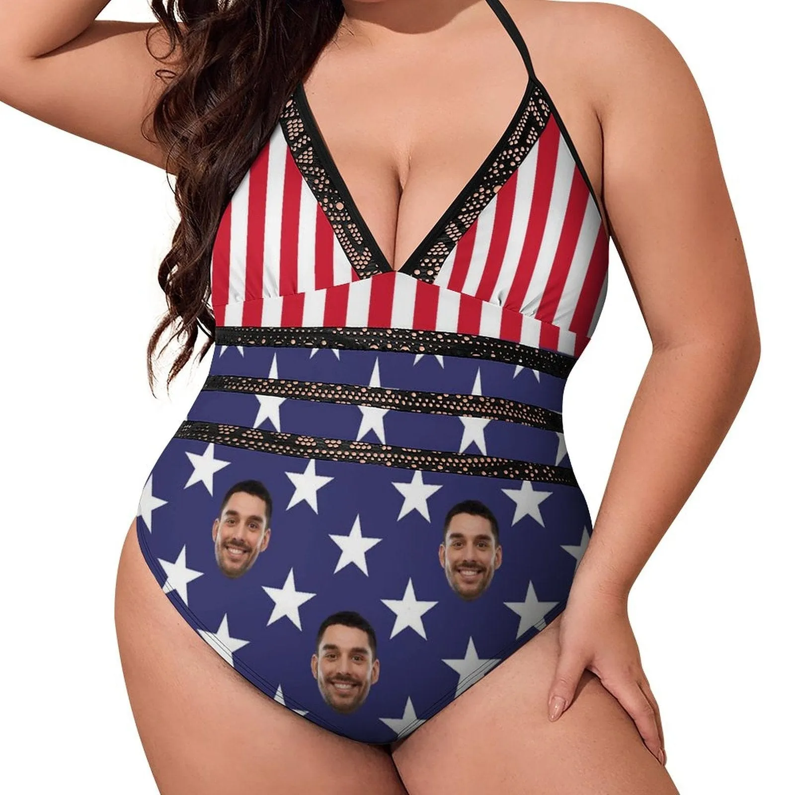 #Plus-Size Swimsuit-Custom Face American Flag Swimsuits Personalized Women's New Strap One Piece Bathing Suit Celebrate Holiday