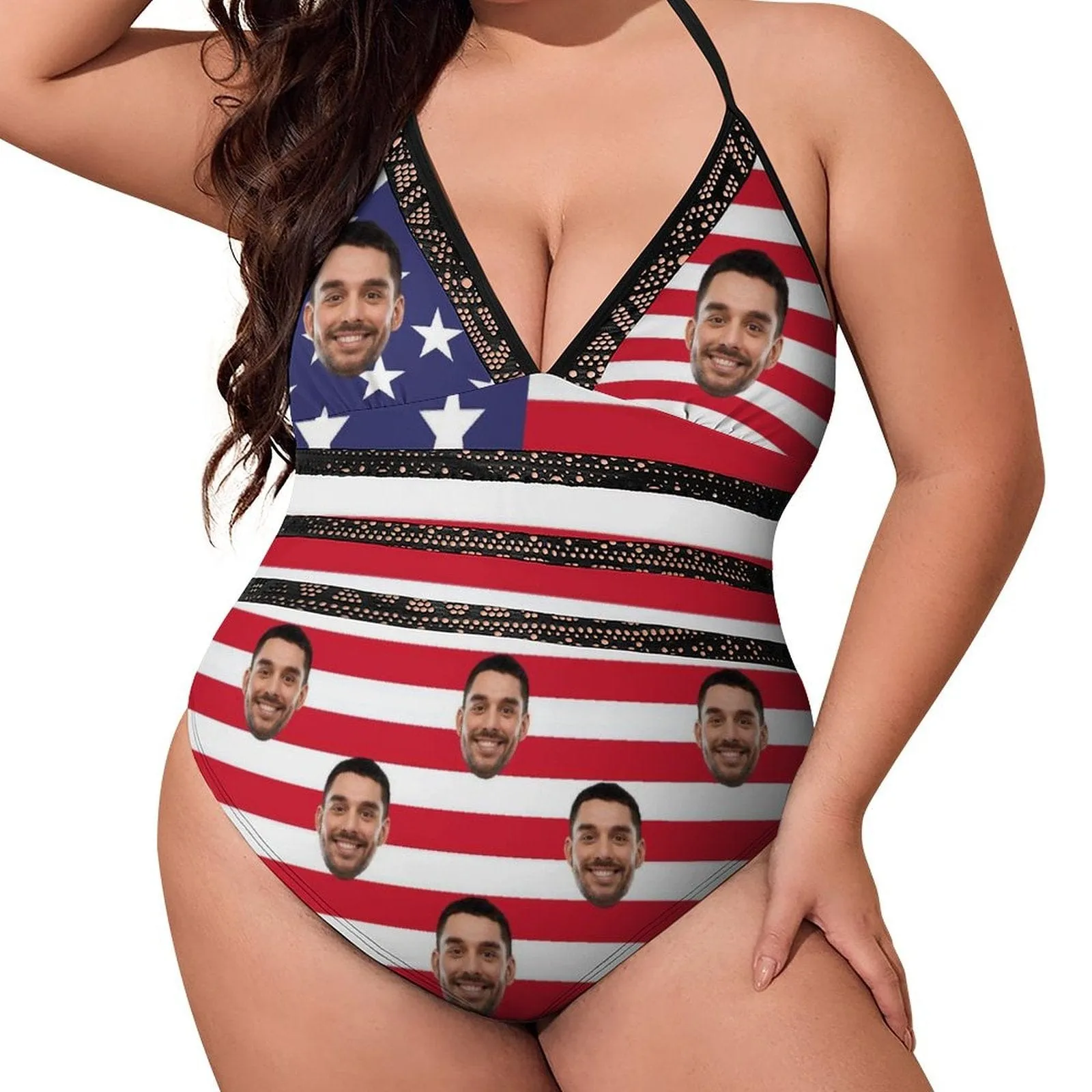 #Plus-Size Swimsuit-Custom Face American Flag Swimsuits Personalized Women's New Strap One Piece Bathing Suit Celebrate Holiday