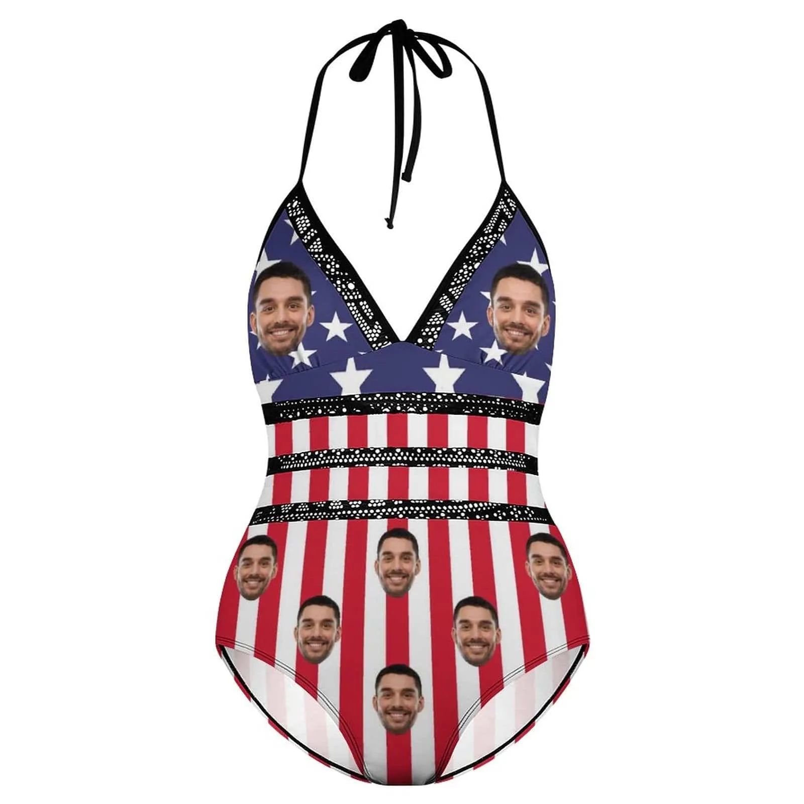 #Plus-Size Swimsuit-Custom Face American Flag Swimsuits Personalized Women's New Strap One Piece Bathing Suit Celebrate Holiday