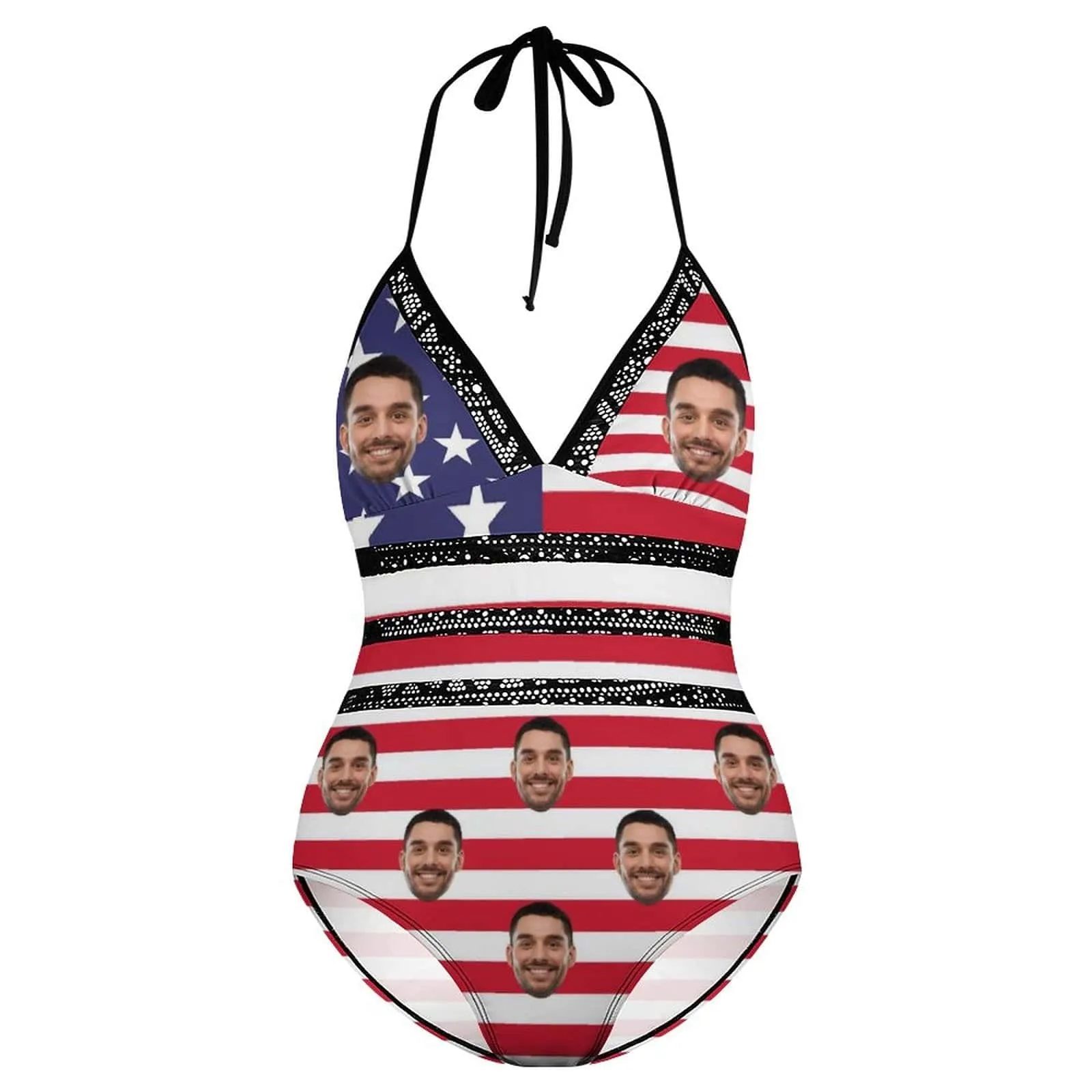 #Plus-Size Swimsuit-Custom Face American Flag Swimsuits Personalized Women's New Strap One Piece Bathing Suit Celebrate Holiday