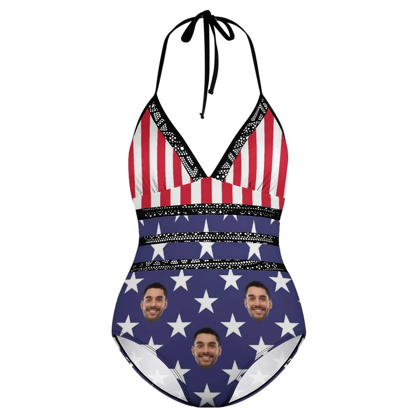 #Plus-Size Swimsuit-Custom Face American Flag Swimsuits Personalized Women's New Strap One Piece Bathing Suit Celebrate Holiday