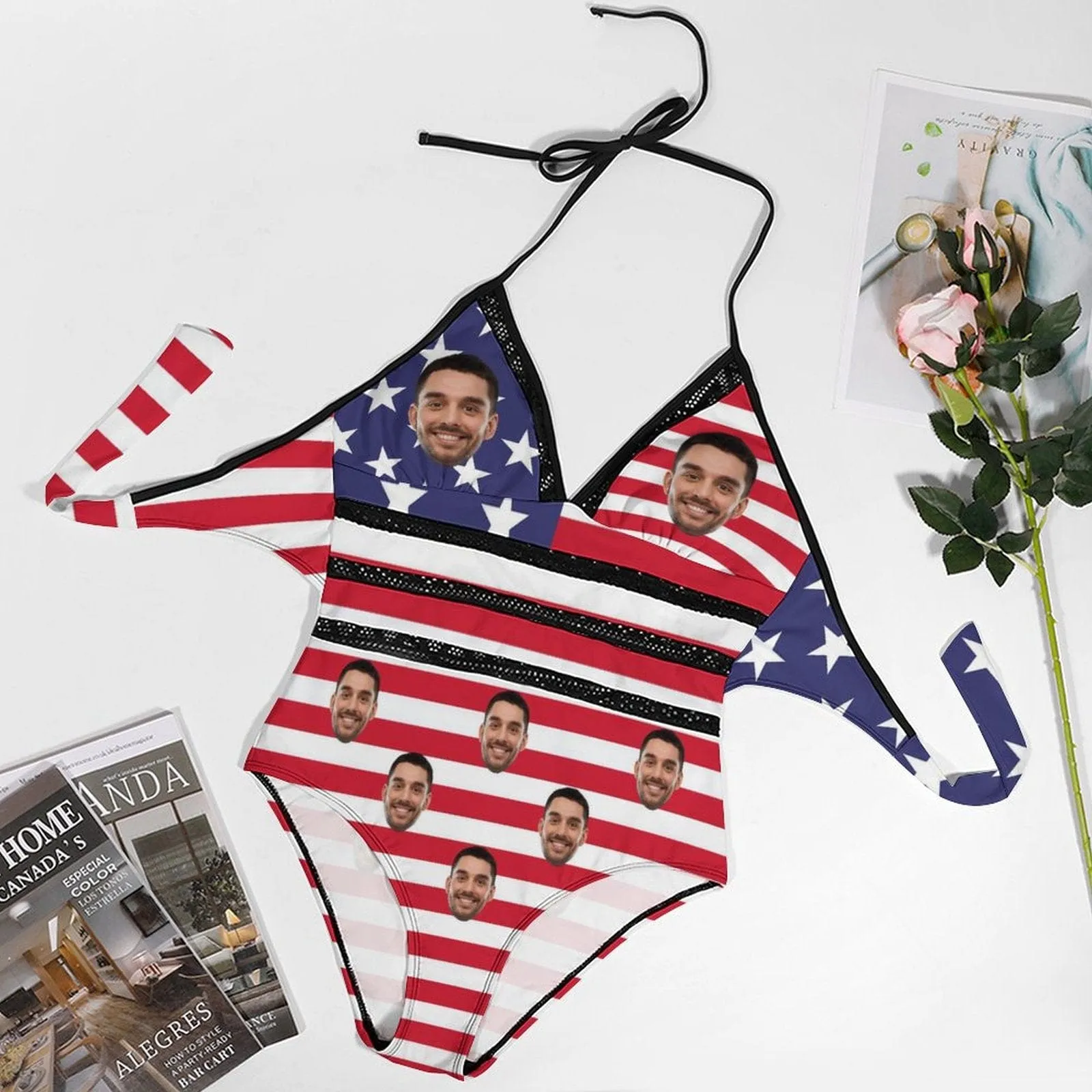 #Plus-Size Swimsuit-Custom Face American Flag Swimsuits Personalized Women's New Strap One Piece Bathing Suit Celebrate Holiday