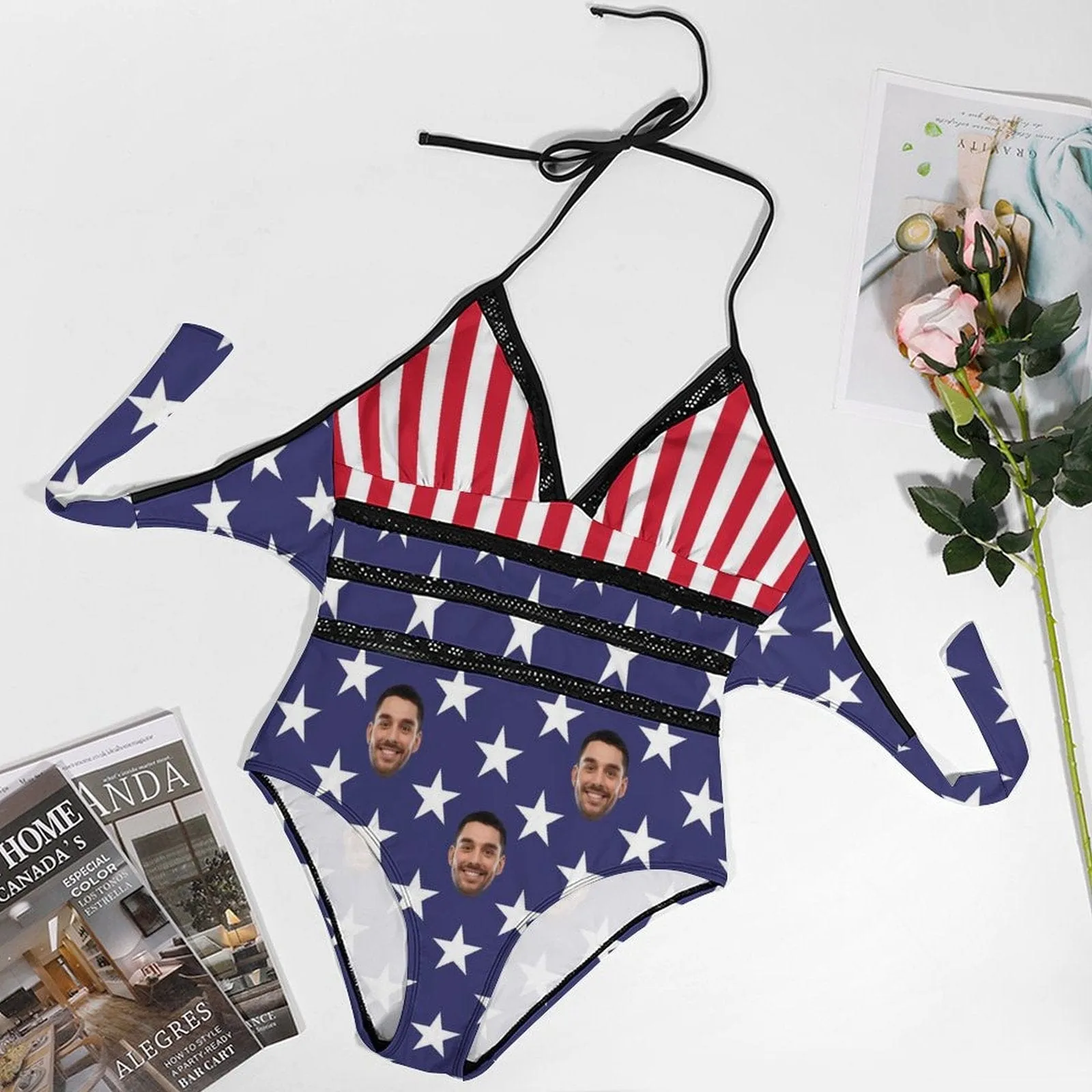 #Plus-Size Swimsuit-Custom Face American Flag Swimsuits Personalized Women's New Strap One Piece Bathing Suit Celebrate Holiday