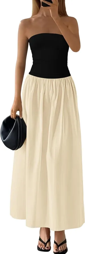 PRETTYGARDEN Women 2025 Summer Elegant Strapless Maxi Dress Tube Top Dress A Line Flowy Long Wedding Party Cocktail Dresses