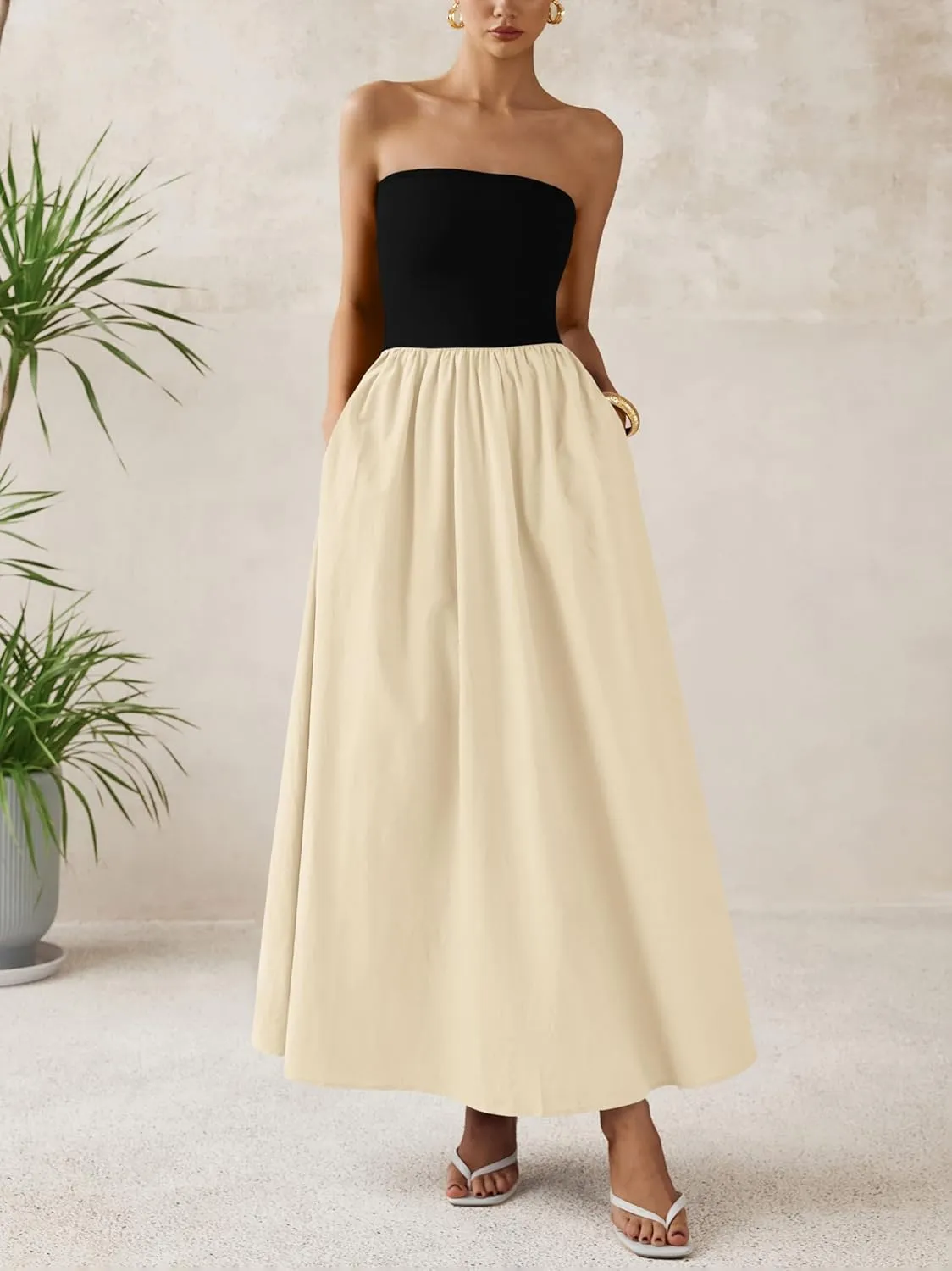 PRETTYGARDEN Women 2025 Summer Elegant Strapless Maxi Dress Tube Top Dress A Line Flowy Long Wedding Party Cocktail Dresses