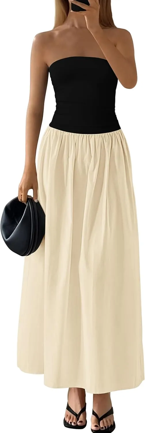 PRETTYGARDEN Women 2025 Summer Elegant Strapless Maxi Dress Tube Top Dress A Line Flowy Long Wedding Party Cocktail Dresses