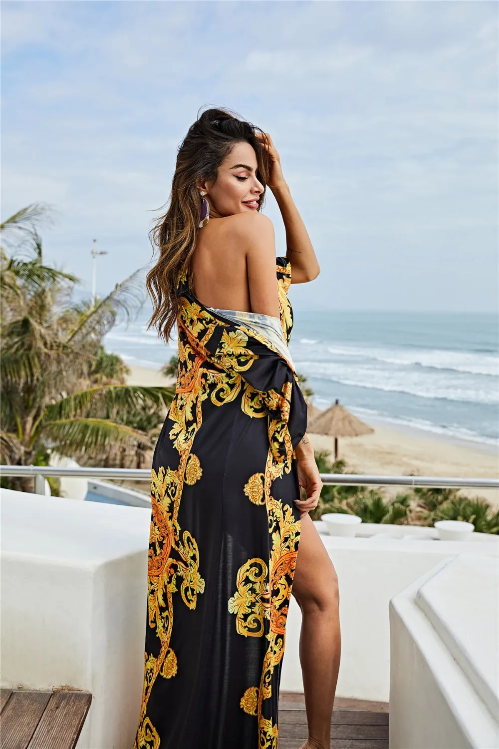 Printed Plunge One-Piece Swimsuit Plunge Neckline Low V Bikini and Cover Up Swim Set