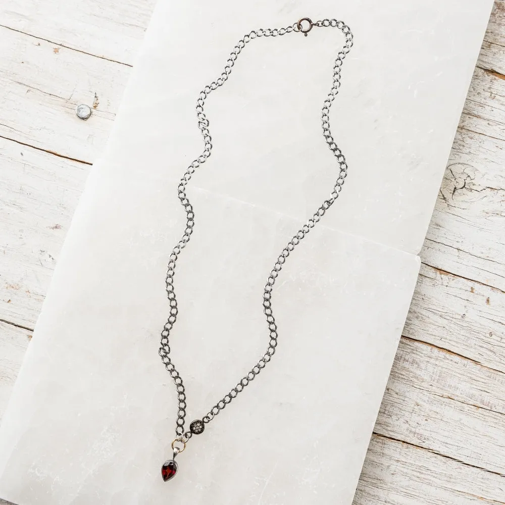 Red Garnet Pear Necklace with Pavé Diamond Disc on Curb Chain