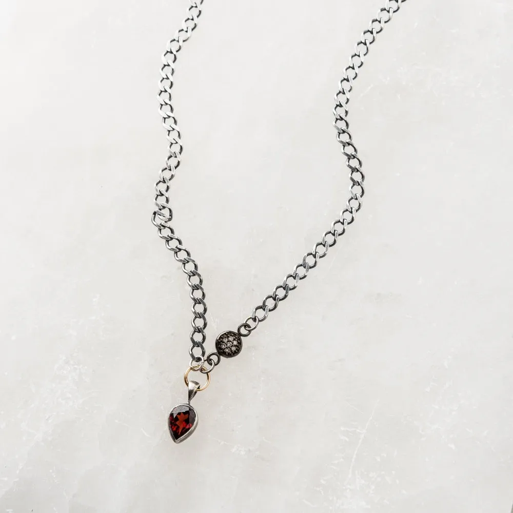 Red Garnet Pear Necklace with Pavé Diamond Disc on Curb Chain