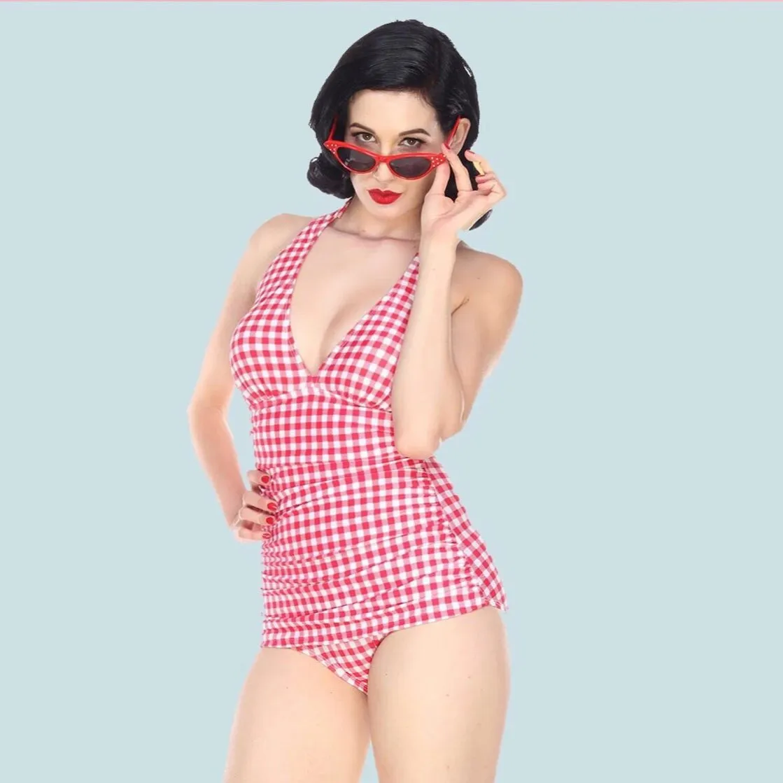 Red Gingham Picnic Ruched Halter One Piece Red