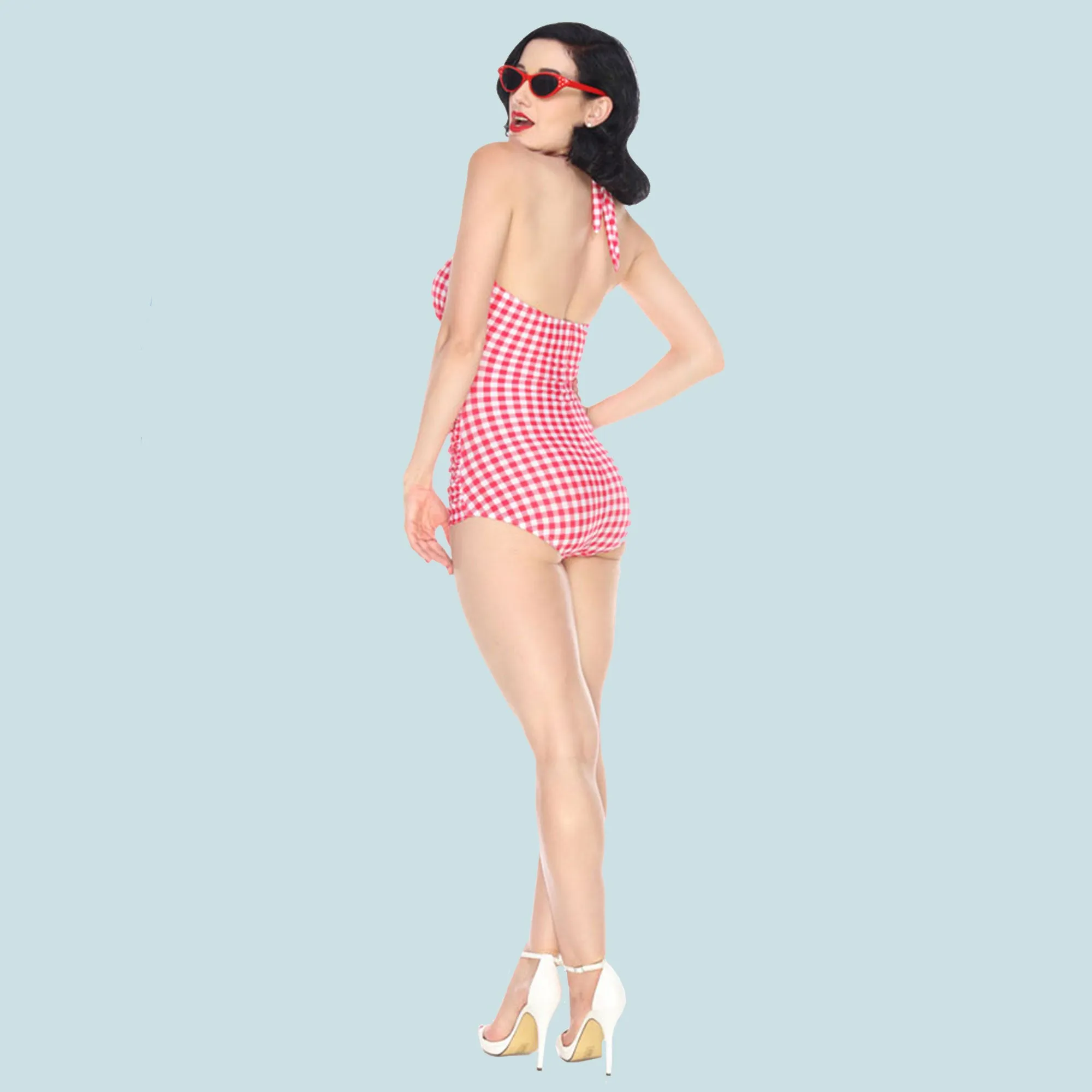 Red Gingham Picnic Ruched Halter One Piece Red