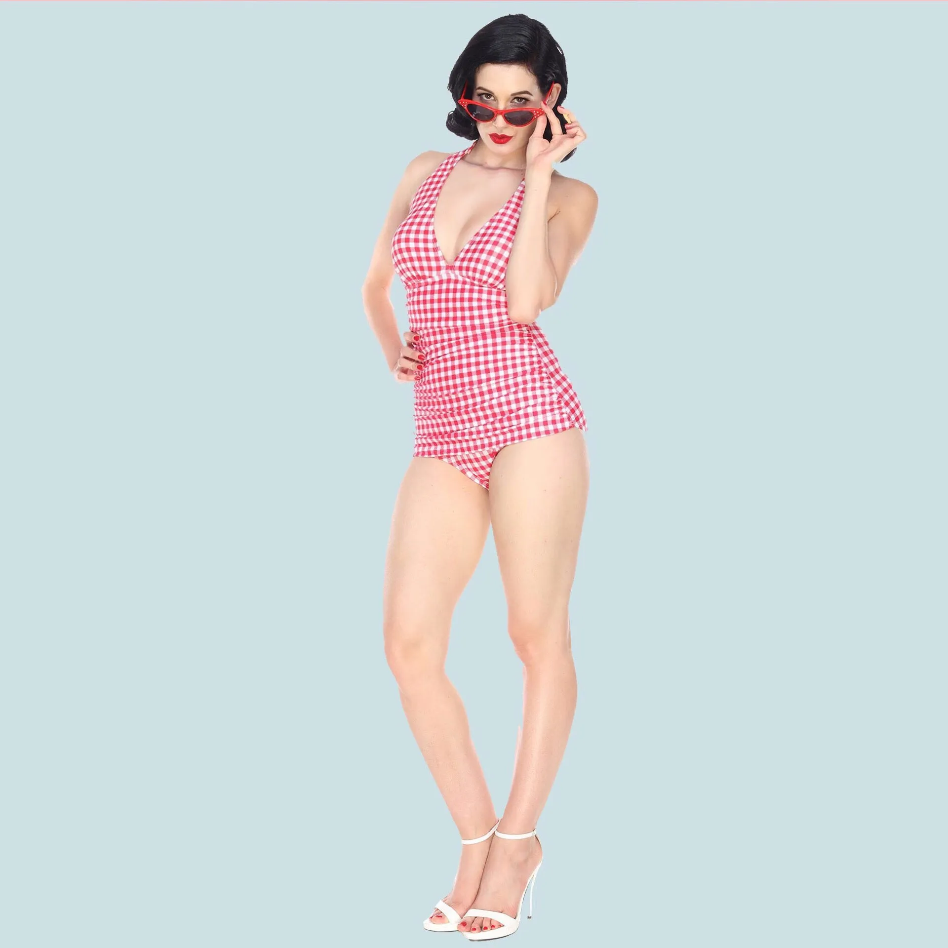 Red Gingham Picnic Ruched Halter One Piece Red