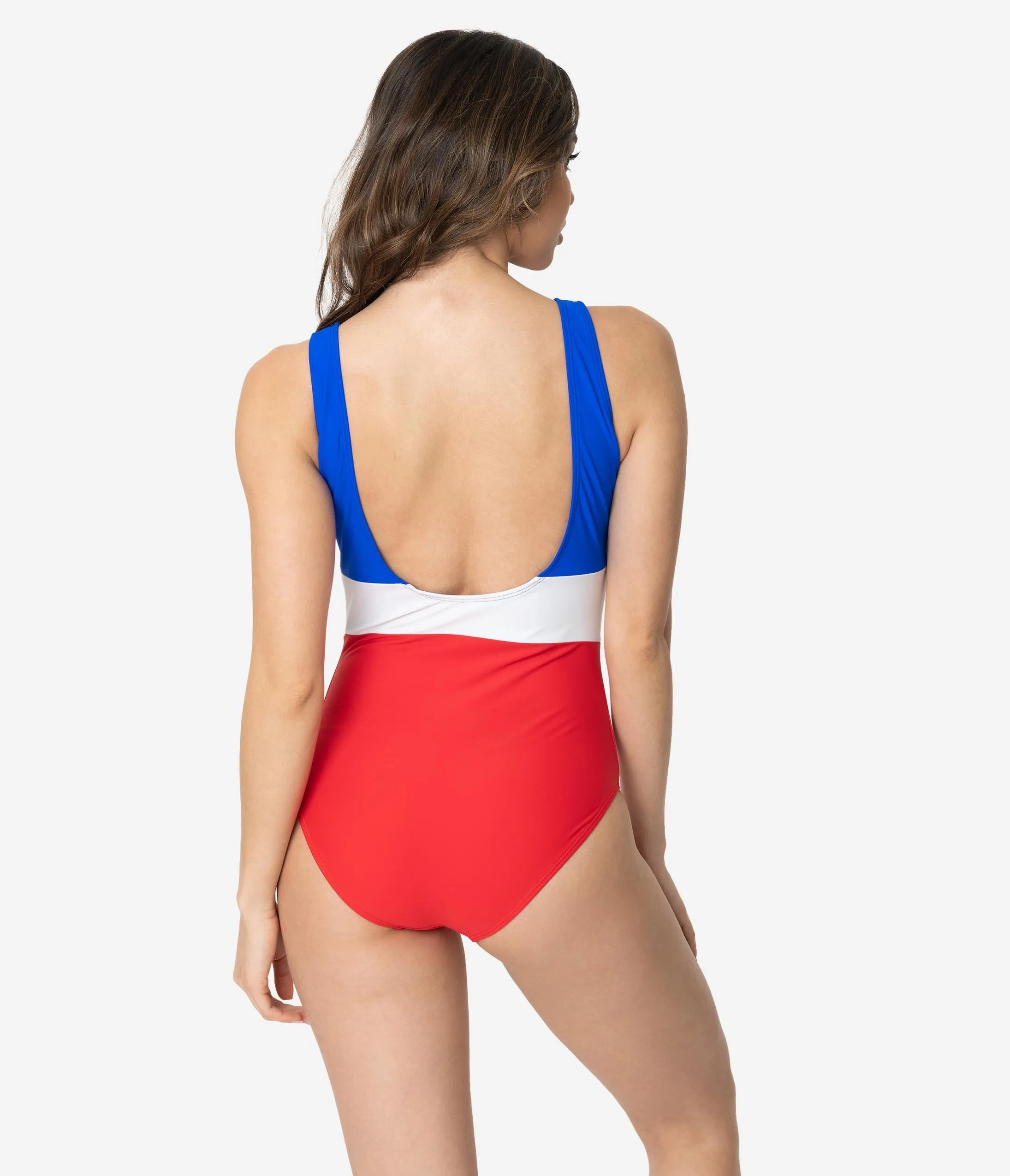 Retro Style Red White & Blue Stripe One Piece Tank Swimsuit