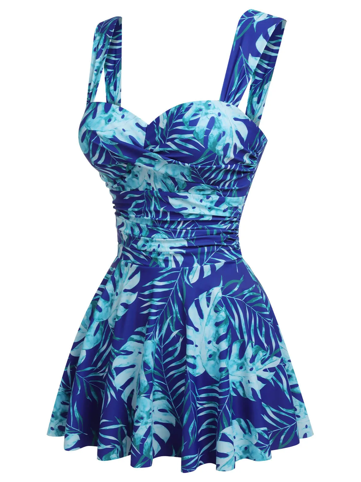 Royal Blue 1960s Tropical Plants Swimsuit Set