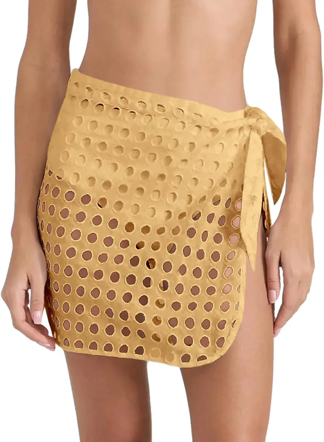 Saodimallsu Women's Crochet Cover Up Skirt 2024 Beach Mesh Slit Tie Waist Mini Wrap Skirts Pareo Swimwear Coverups