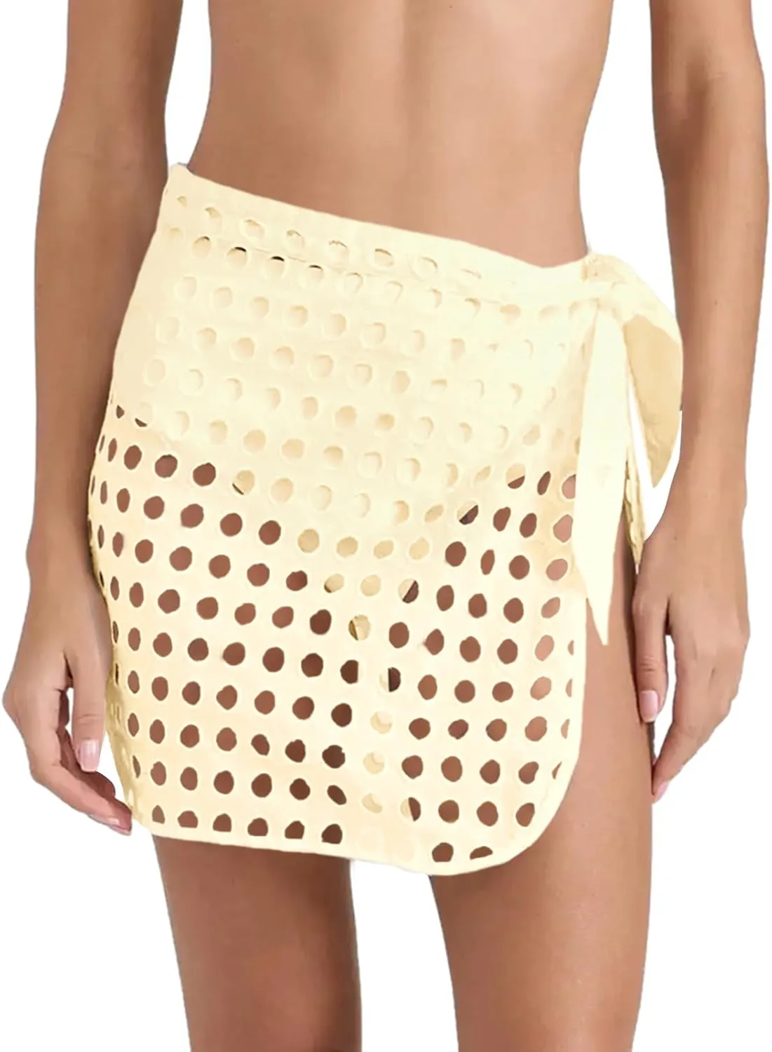 Saodimallsu Women's Crochet Cover Up Skirt 2024 Beach Mesh Slit Tie Waist Mini Wrap Skirts Pareo Swimwear Coverups
