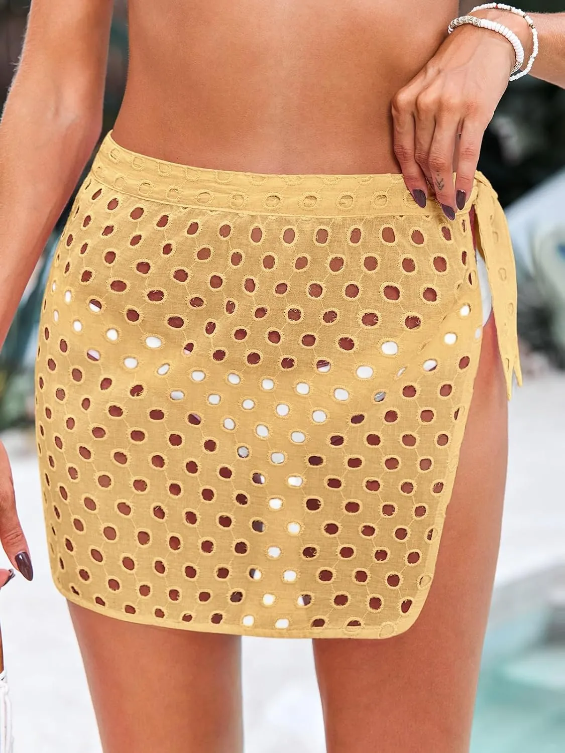 Saodimallsu Women's Crochet Cover Up Skirt 2024 Beach Mesh Slit Tie Waist Mini Wrap Skirts Pareo Swimwear Coverups