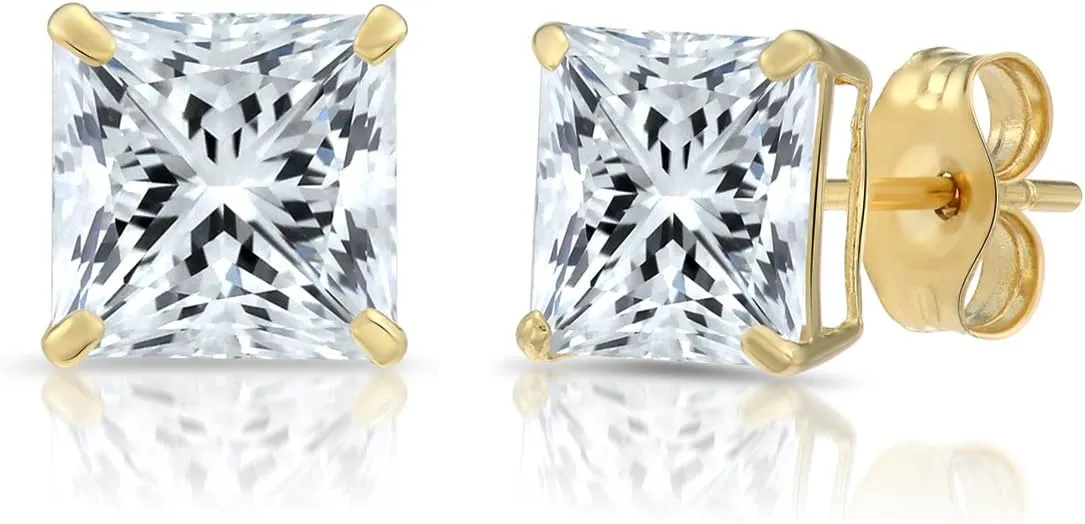 Solid 14k Yellow Gold Square Solitaire Cubic Zirconia Princess-cut CZ Real Gold Square Stud Earrings for Men and Women