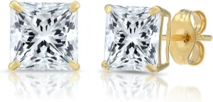 Solid 14k Yellow Gold Square Solitaire Cubic Zirconia Princess-cut CZ Real Gold Square Stud Earrings for Men and Women