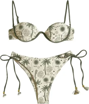 SOLY HUX Women's Tropical Bikini Sets Cute Fringe 2 Piece Underwire Swimsuits Boho Bathing Suits