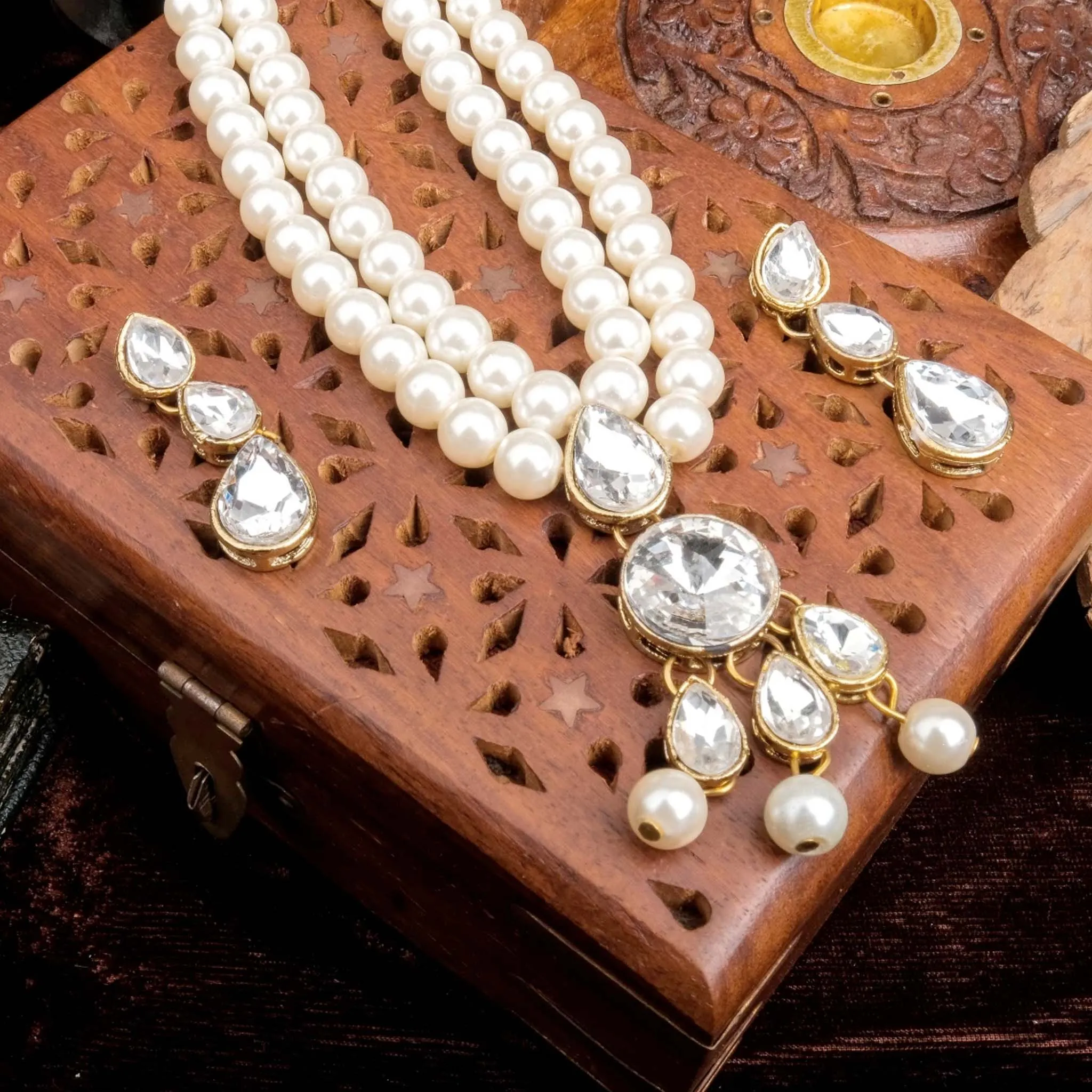 Stunning Two-Layered Gold Plated Pearl Necklace and Earring Set