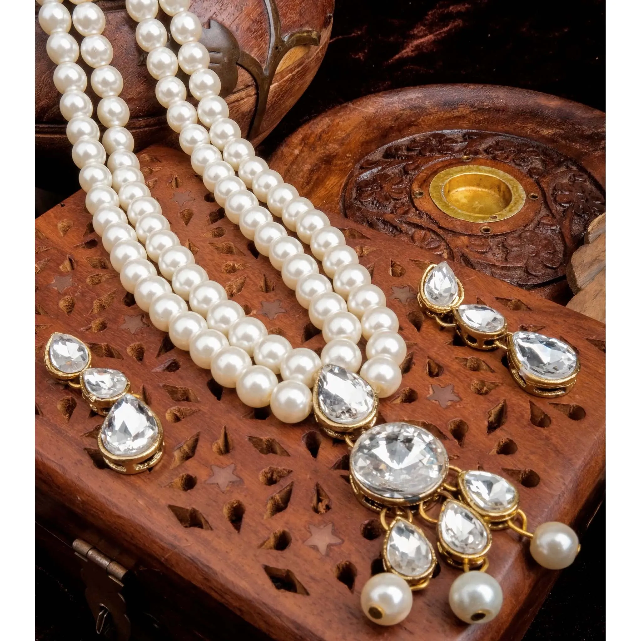 Stunning Two-Layered Gold Plated Pearl Necklace and Earring Set