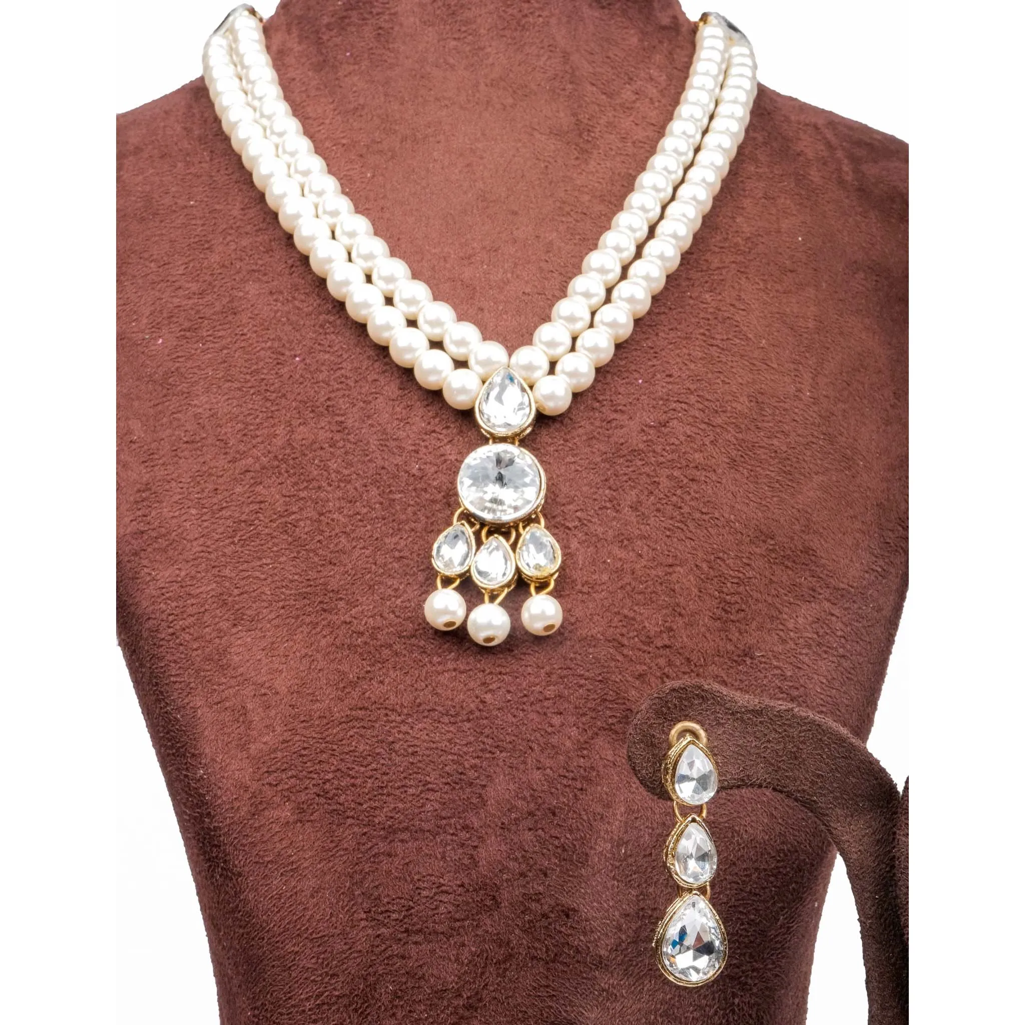 Stunning Two-Layered Gold Plated Pearl Necklace and Earring Set