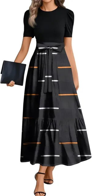 Summer Beach Vacation Clothes Spring Dresses for Women 2025 Short Sleeve Elegant Tie Waist Flowy Maxi Dress