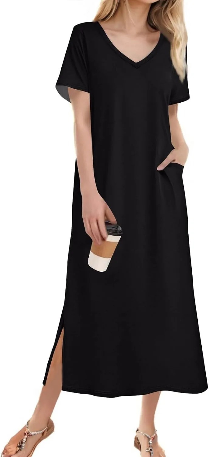 Summer Dresses for Women 2025 Beach Vacation Spring Clothes Short Sleeve V Neck Casual Maxi Dresses
