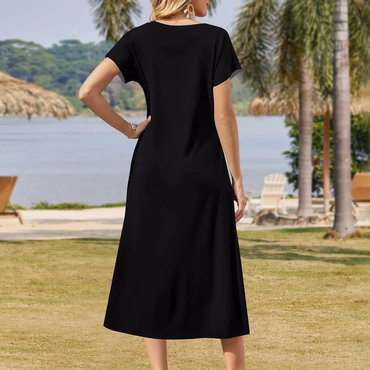 Summer Dresses for Women 2025 Beach Vacation Spring Clothes Short Sleeve V Neck Casual Maxi Dresses