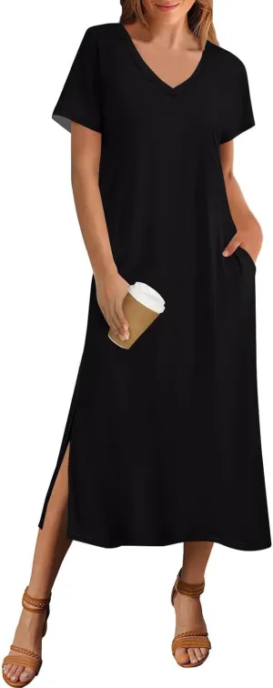 Summer Dresses for Women 2025 Beach Vacation Spring Clothes Short Sleeve V Neck Casual Maxi Dresses