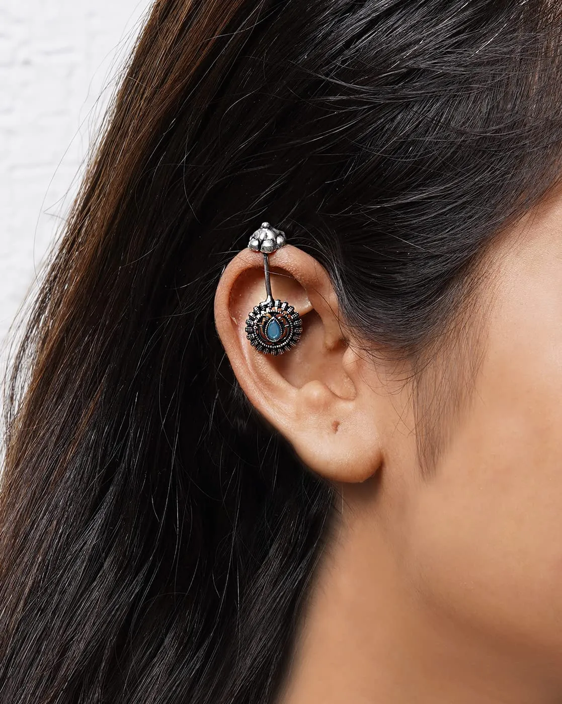 Teejh Nitara Light Blue Stone Silver Oxidsed Clip On Bugadi For Women
