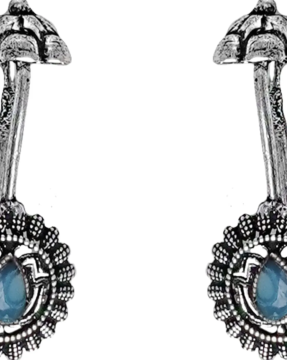 Teejh Nitara Light Blue Stone Silver Oxidsed Clip On Bugadi For Women