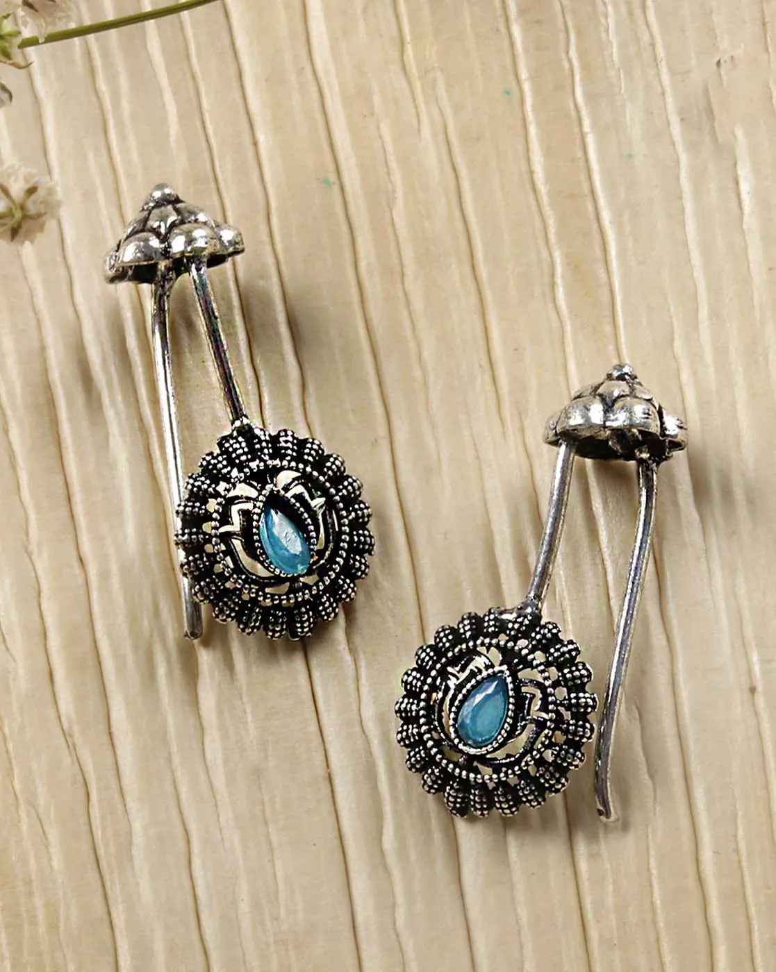 Teejh Nitara Light Blue Stone Silver Oxidsed Clip On Bugadi For Women