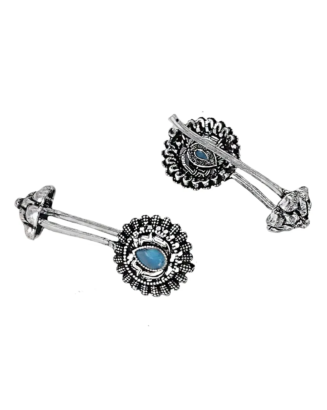 Teejh Nitara Light Blue Stone Silver Oxidsed Clip On Bugadi For Women