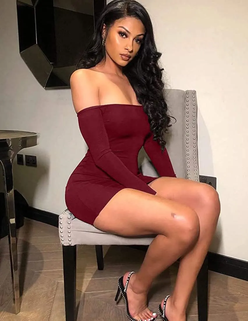 TICBRY Womens Long Sleeves Bodycon Sexy Off Shoulder Backless Dress