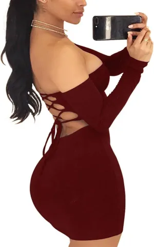 TICBRY Womens Long Sleeves Bodycon Sexy Off Shoulder Backless Dress