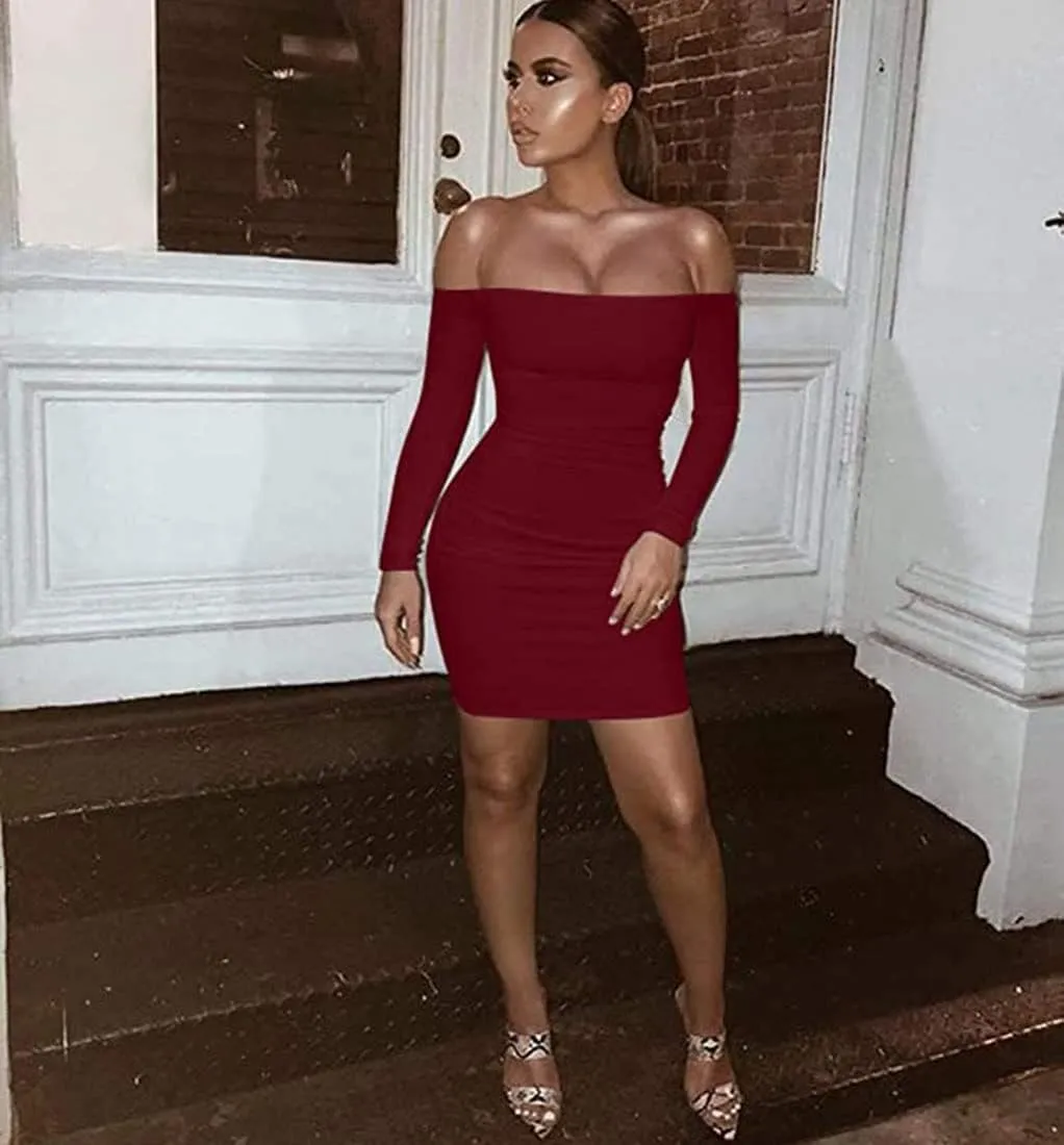 TICBRY Womens Long Sleeves Bodycon Sexy Off Shoulder Backless Dress