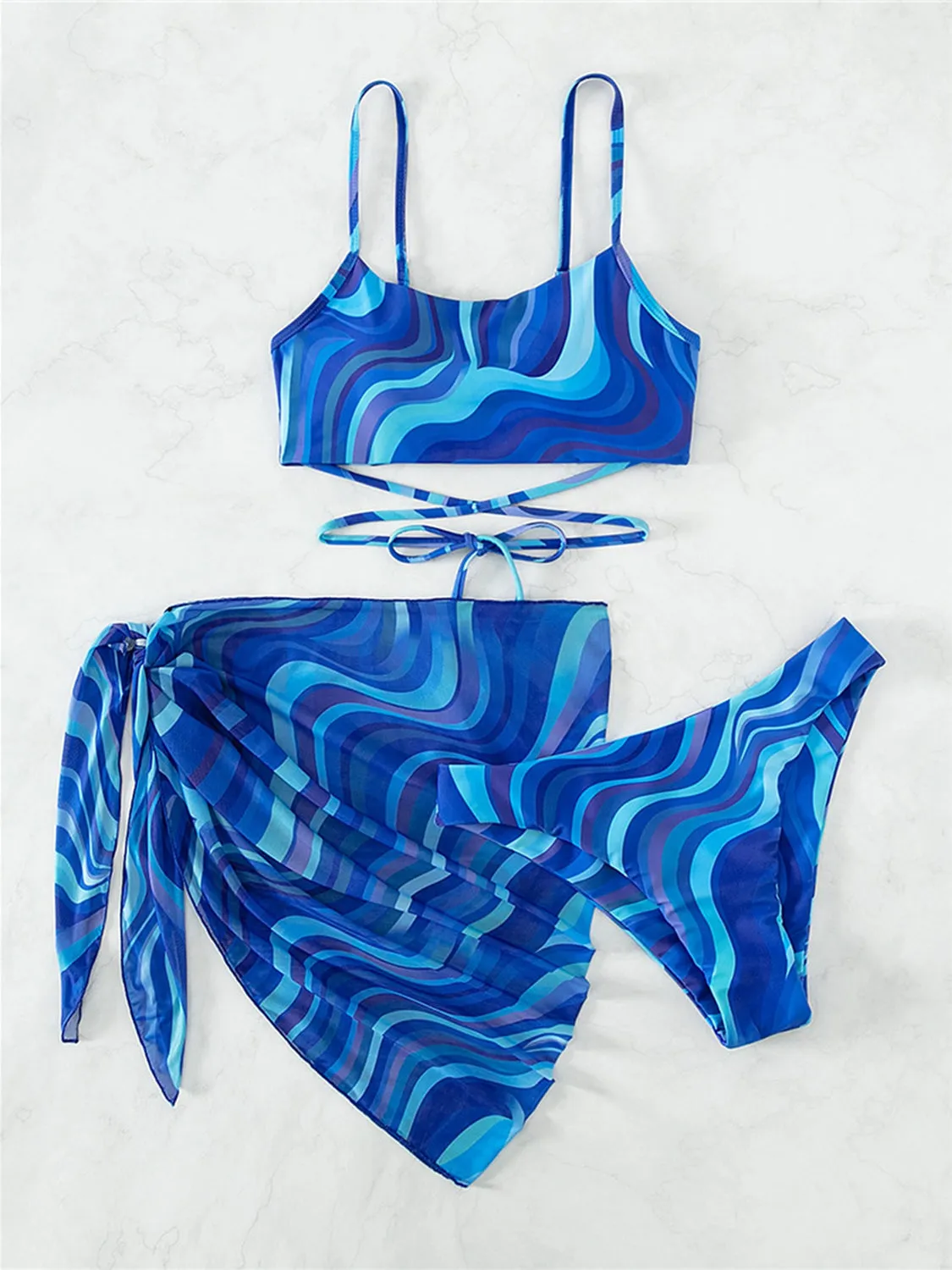 Two Piece Swimsuit Set Criss Cross Tied Printed with Cover Up Skirt Three-Piece Swim Set