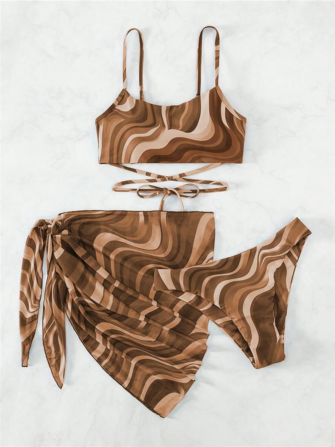 Two Piece Swimsuit Set Criss Cross Tied Printed with Cover Up Skirt Three-Piece Swim Set