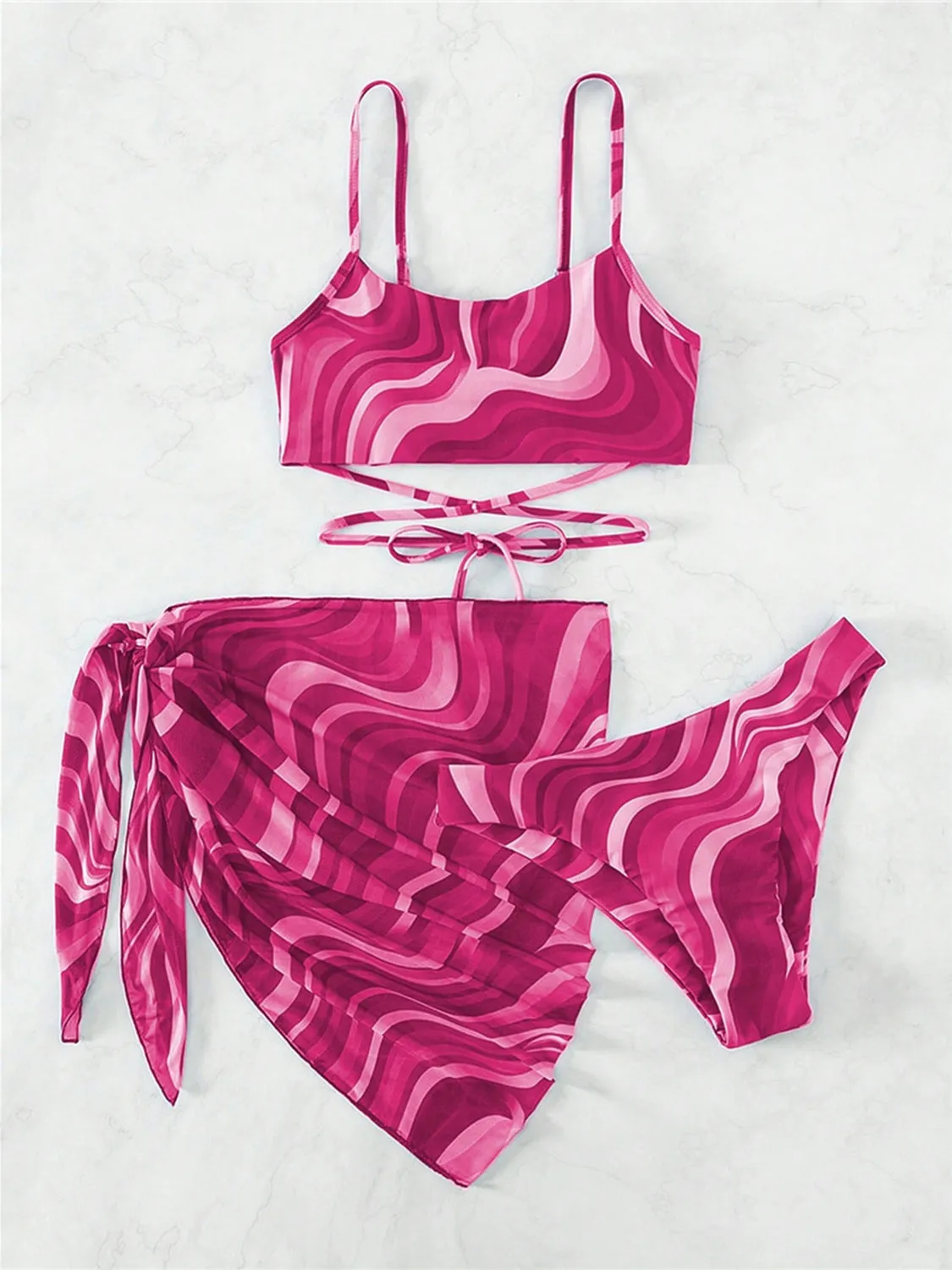 Two Piece Swimsuit Set Criss Cross Tied Printed with Cover Up Skirt Three-Piece Swim Set
