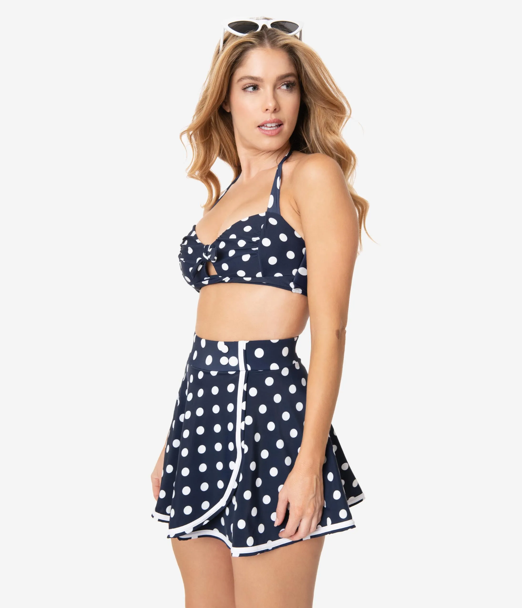 Unique Vintage 1950s Mrs. West Navy Blue & White Polka Dot Halter Swim Top