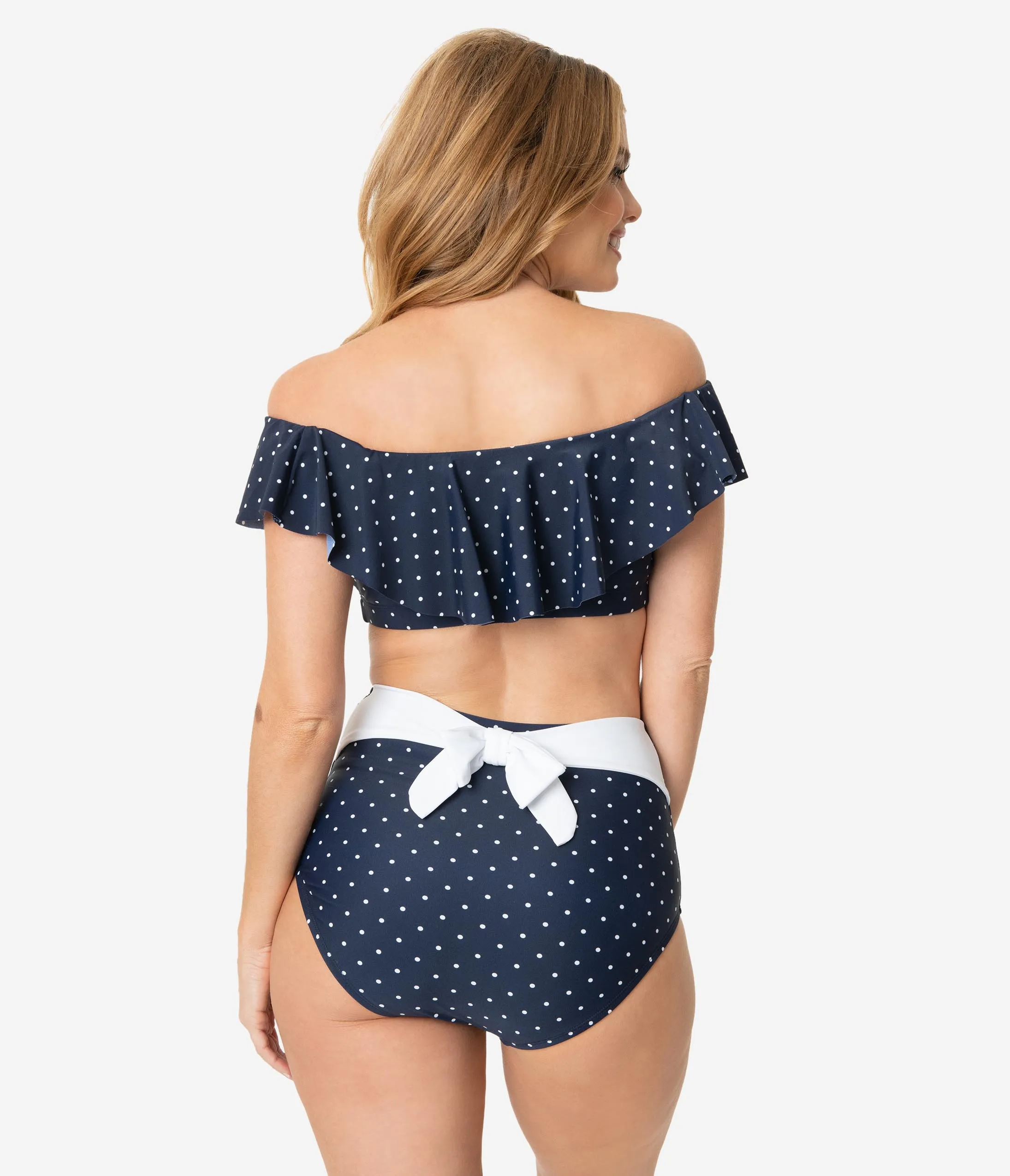 Unique Vintage Navy Blue & White Pin Dot Bow Morro Bikini Bottom