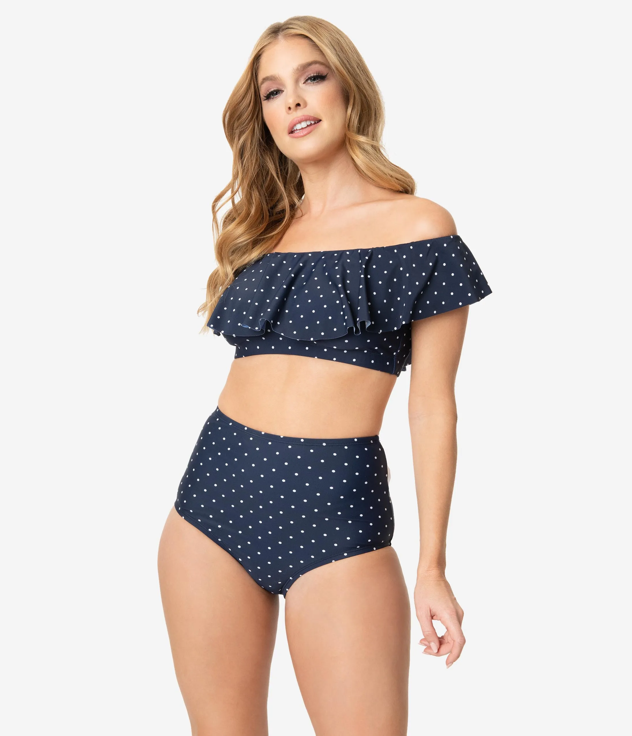 Unique Vintage Navy Blue & White Pin Dot Bow Morro Bikini Bottom