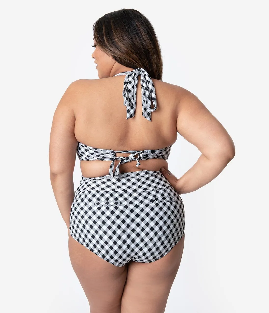 Unique Vintage Plus Size 1950s Style Mrs. West Black & White Gingham Halter Swim Top