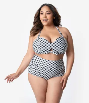 Unique Vintage Plus Size 1950s Style Mrs. West Black & White Gingham Halter Swim Top