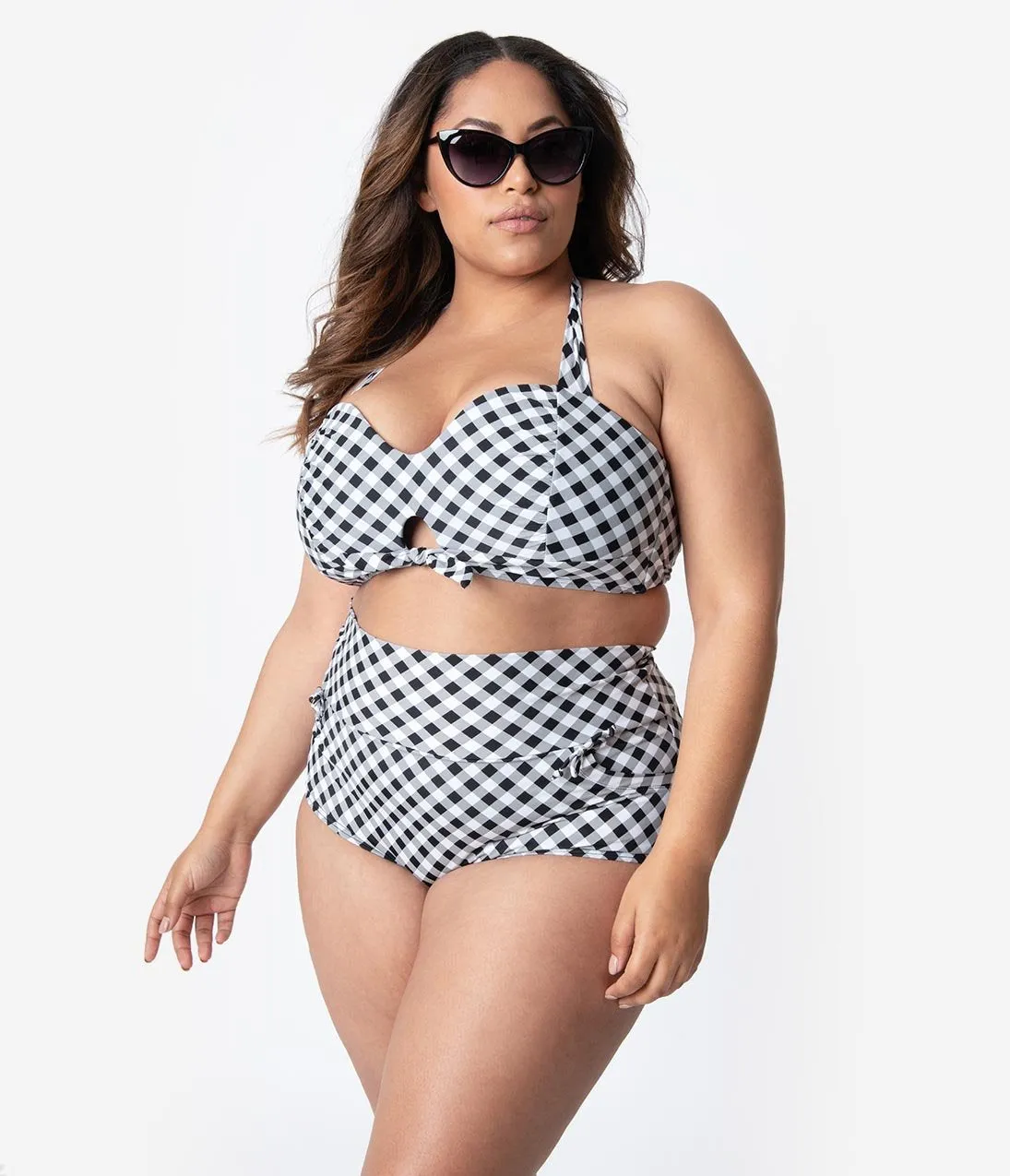 Unique Vintage Plus Size 1950s Style Mrs. West Black & White Gingham Halter Swim Top
