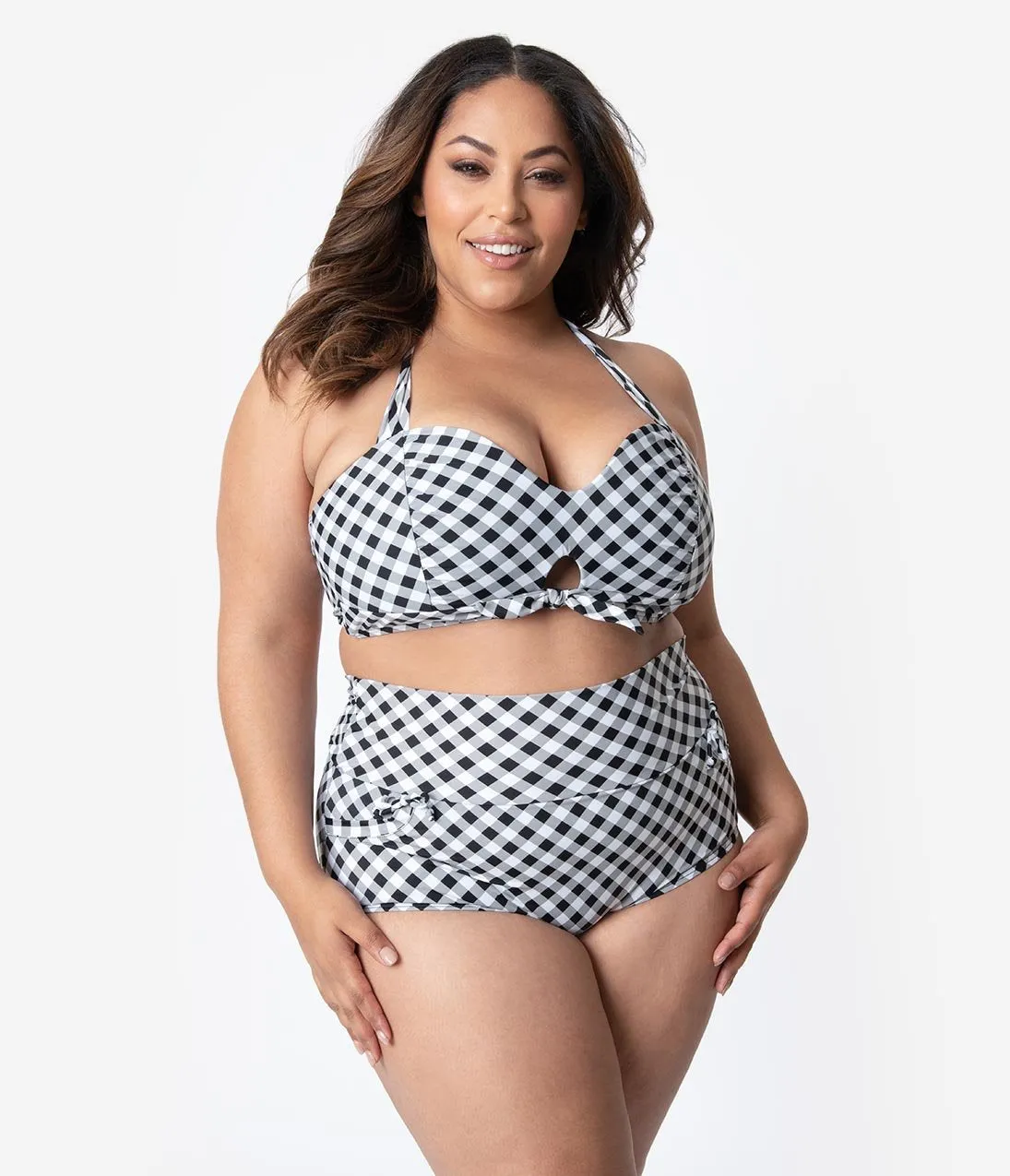 Unique Vintage Plus Size 1950s Style Mrs. West Black & White Gingham Halter Swim Top